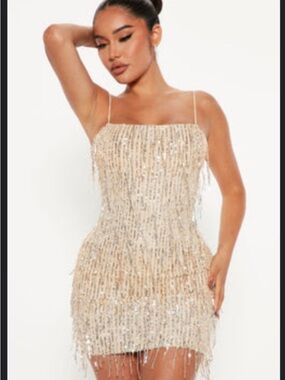 Fashion Nova Champagne Sequin Fringe Mini Dress